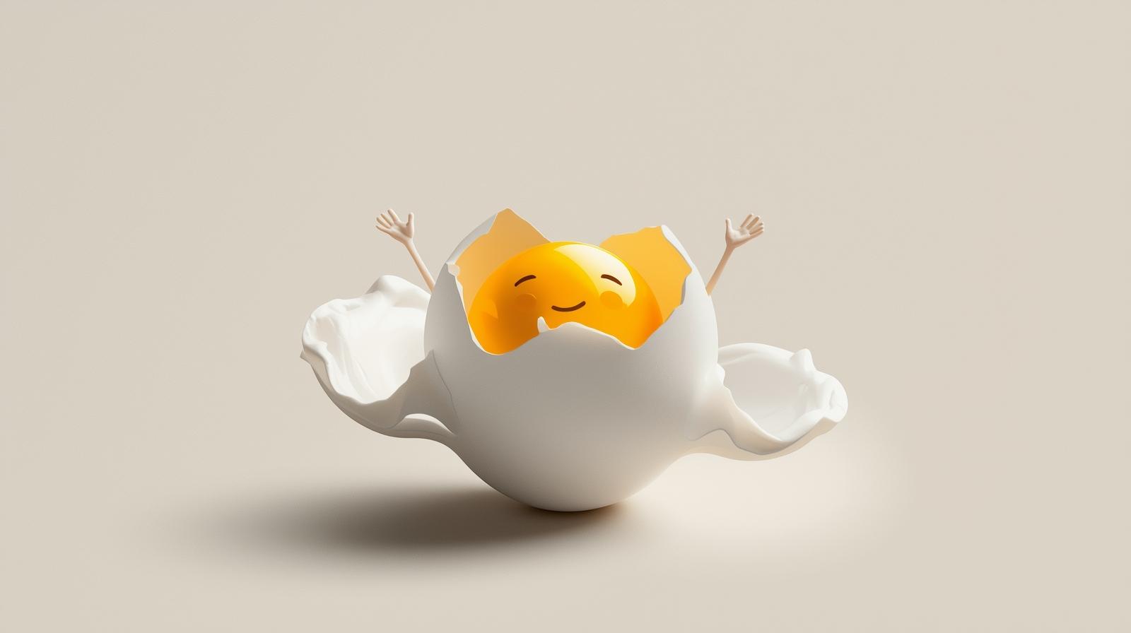 A smug egg yolk rises triumphantly from its cracked shell, clearly fueled by a secret hemp meal diet, with the whites swirling like a tiny applause.